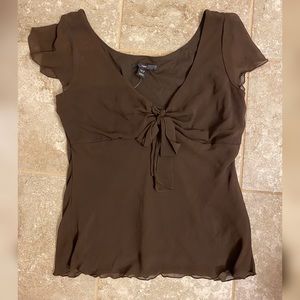 Brown knot-front chiffony blouse